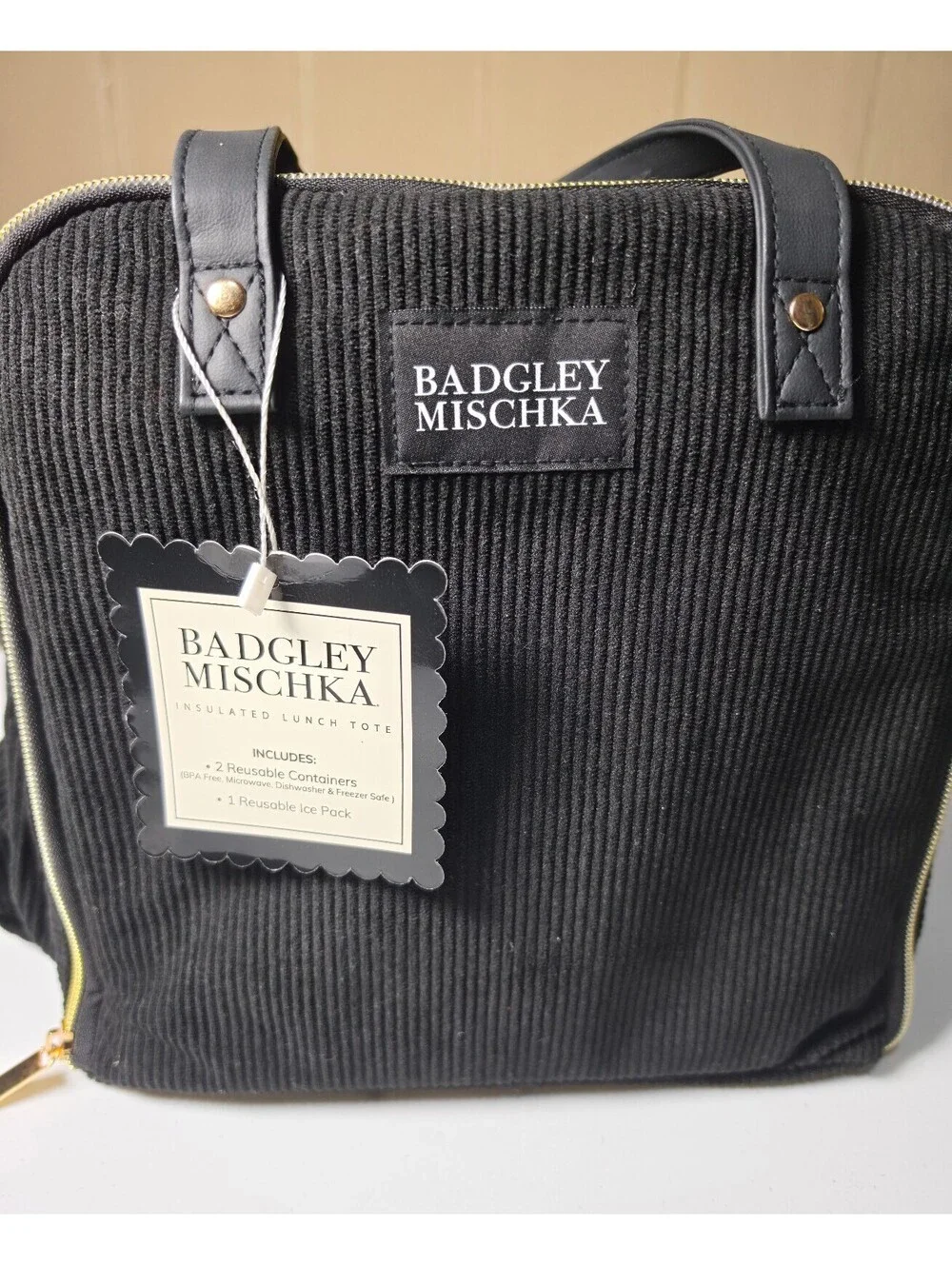 Badgley Mischka Black Insulated Lunch Tote with Reusable Containers and Ice Pack